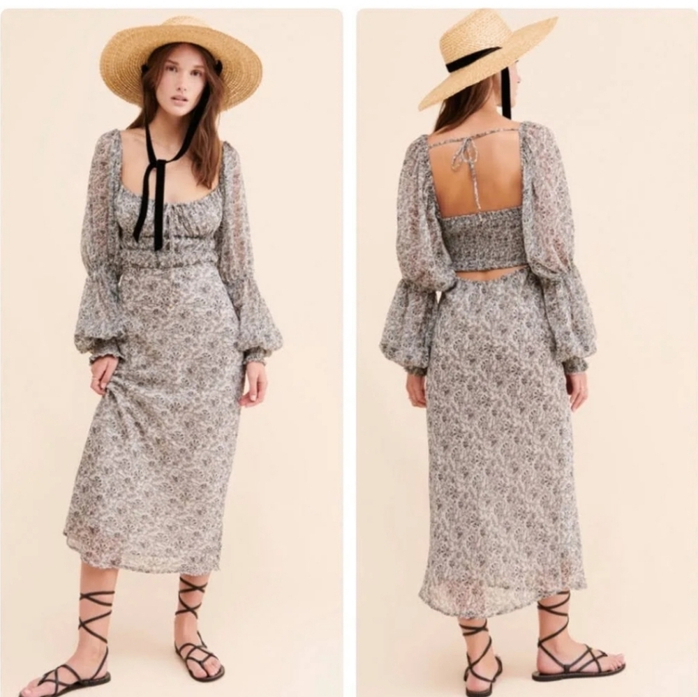 Free People Aglow Gray Print Midi Dress